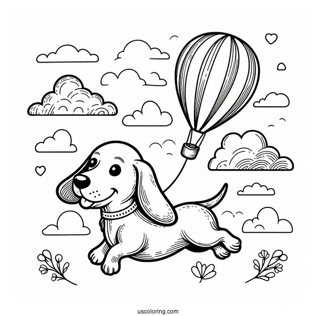 Dachshund Coloring Page Flying With Balloon In The Sky