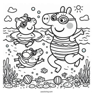 Swimming Coloring Page Of Mummy Pig Teaching George Pig And Peppa Pig To Swim