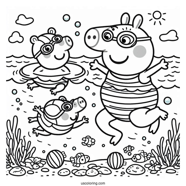 Swimming Coloring Page Of Mummy Pig Teaching George Pig And Peppa Pig To Swim
