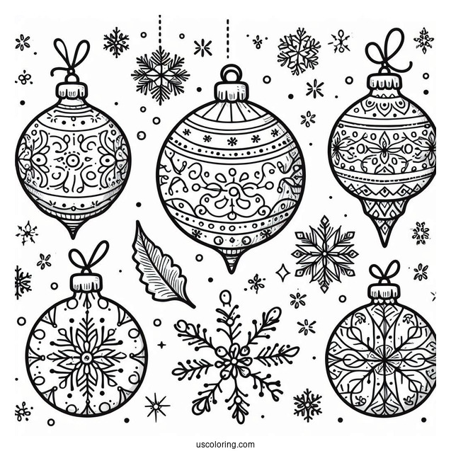 Cute Christmas Ornaments Coloring Page With Snowflakes