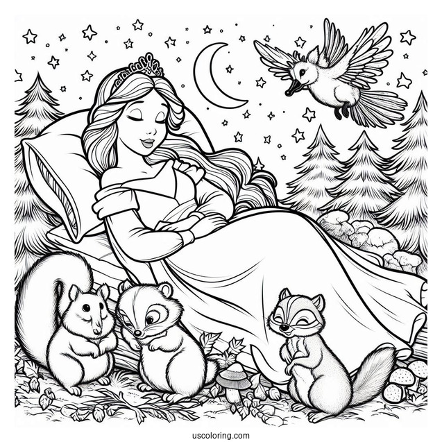 Sleeping Beauty With Forrest Critters Coloring Page