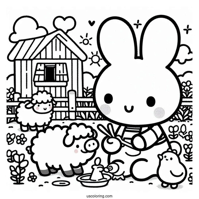 Miffy Coloring Page With Pig And Lamb In A Farm