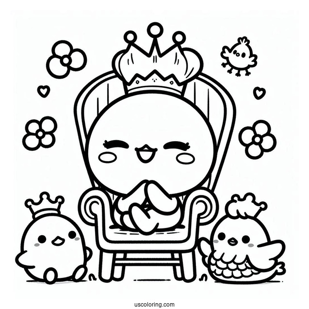 Pochacco Coloring Page Wearing Crown While Sitting On Chair With Choppy And Chicks