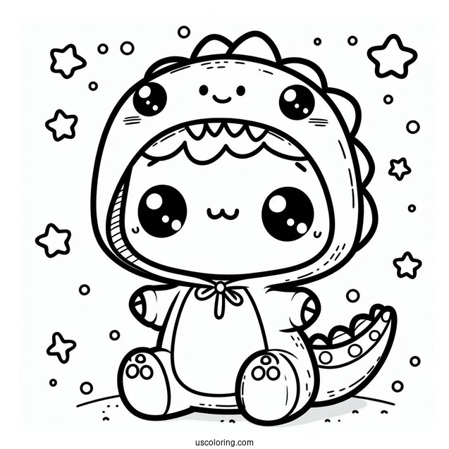 Kawaii Cat In A Dinosaur Onesie Coloring Sheet
