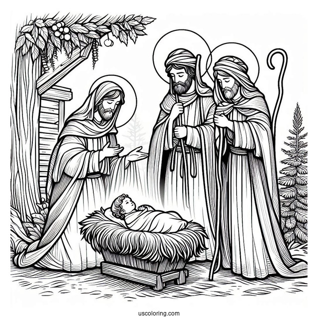 Nativity Coloring Page Of Three Magis Visiting Newborn Jesus In The Manger