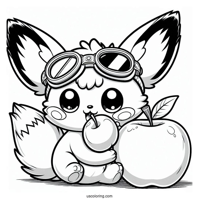 Adorable Pichu Coloring Page Wearing Goggles And Biting An Apple