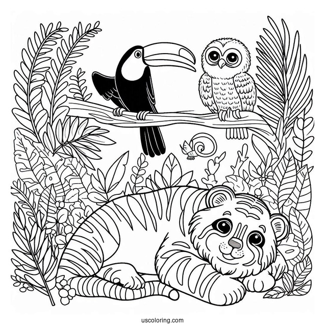 Simple Sloth, Tiger, And Toucan In The Jungle Coloring Page For Kids