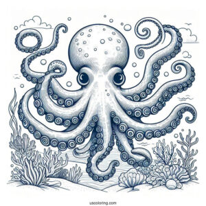 Blue Ring Octopus Coloring Page With Detailed Tentacles In Nautical Background