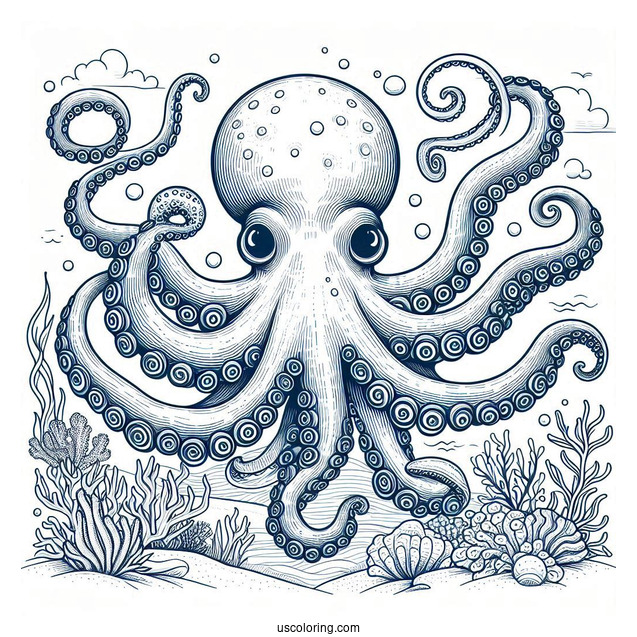 Blue Ring Octopus Coloring Page With Detailed Tentacles In Nautical Background