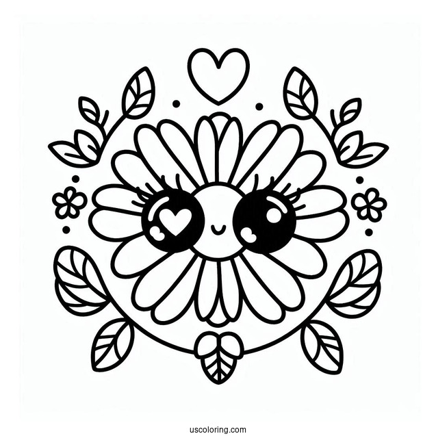 Peace Coloring Page Of Cute Flower With Love Heart For Eyes For Preschoolers