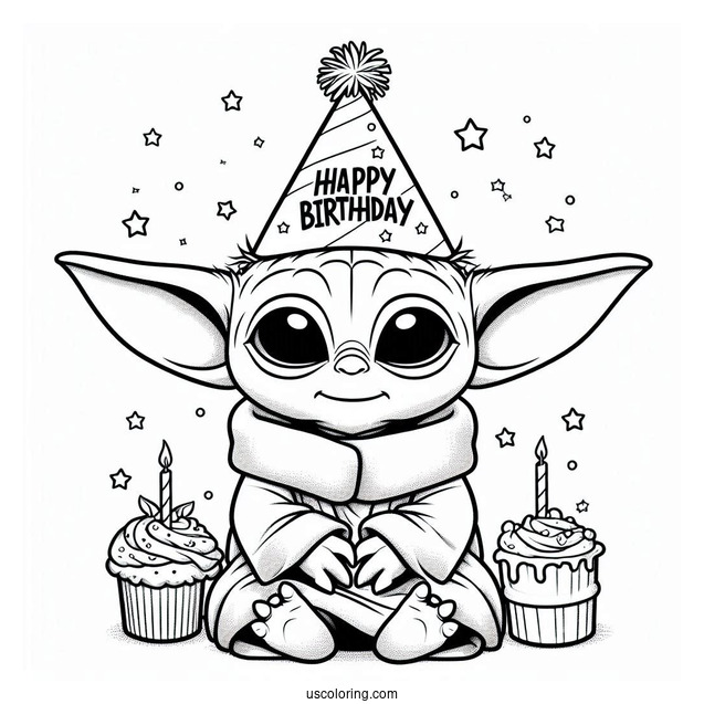 Happy Birthday Baby Yoda Coloring Page