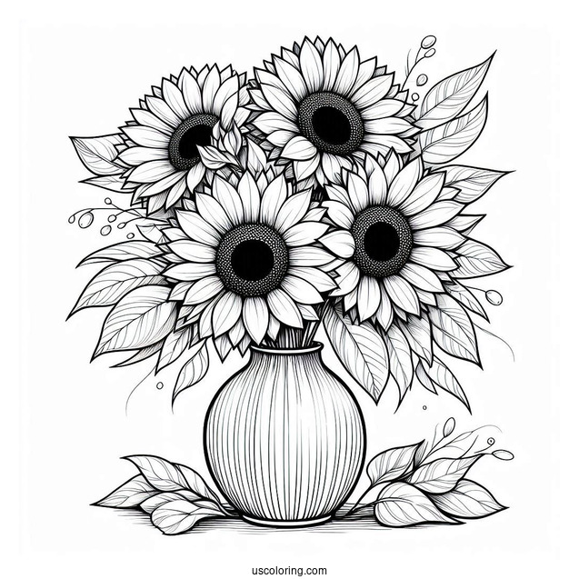 Four Beautiful Sunflowers In Vase For Coloring_