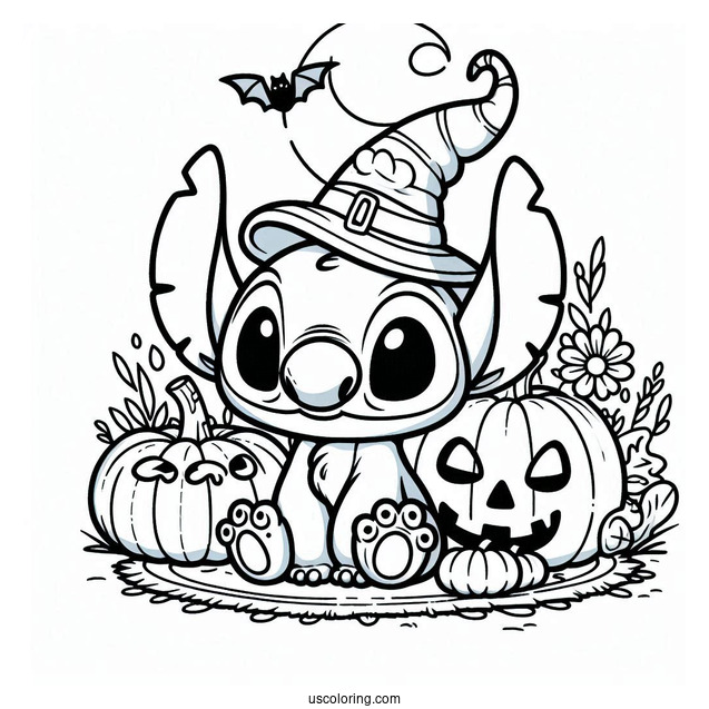 Kawaii Halloween Themed Stitch With Pumpkin To Color