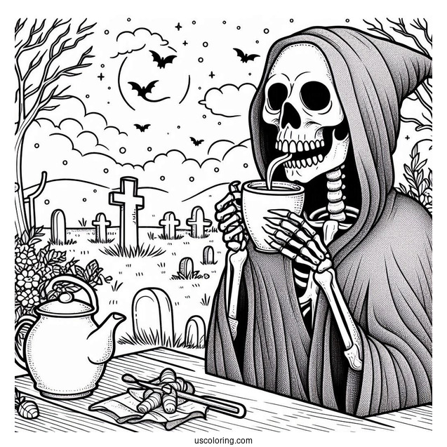 Skeleton Coloring Page Of Grim Reaper Drinking Tea In Cemetery Halloween
