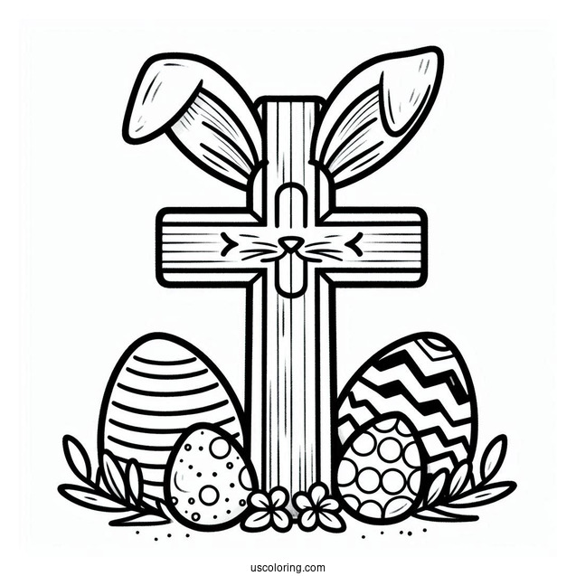 Easter Cross Coloring Page With Bunny Ears And Eggs For Preschoolers