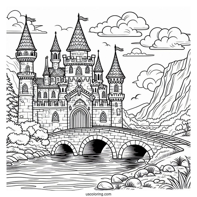 Castle Coloring Page With Bridge Over A River