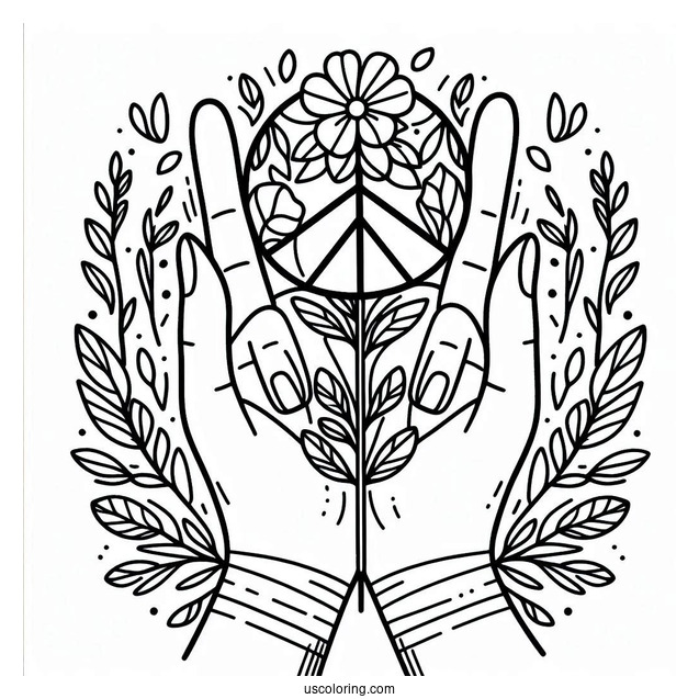 Easy Hands Holding Up A Floral Peace Coloring Page