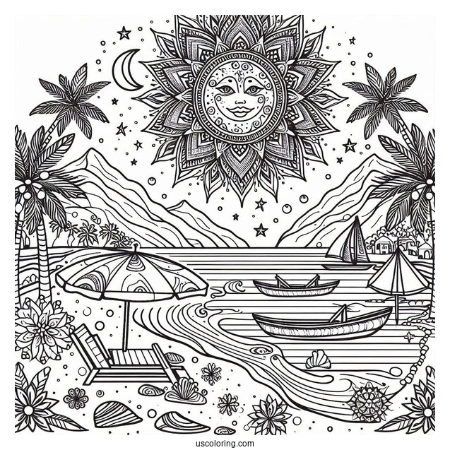 Summer Coloring Page Of Beach Landscape Mandala