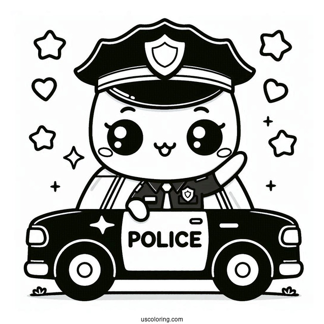 Kawaii Police Car Coloring Page With An Officer Inside Waving For Preschoolers