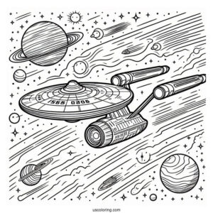 Star Trek Coloring Page Of USS Enterprise In Outer Space For Kids