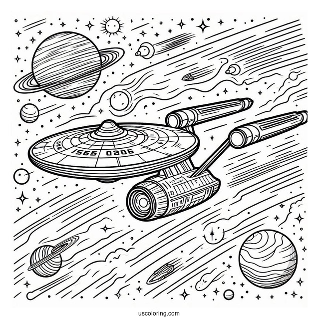 Star Trek Coloring Page Of USS Enterprise In Outer Space For Kids