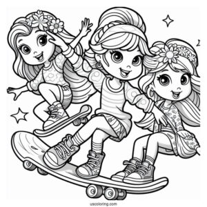 Polly Pocket Coloring Page Skateboarding With Nikolas, Lila, And Shani