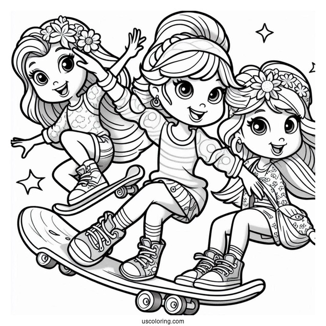 Polly Pocket Coloring Page Skateboarding With Nikolas, Lila, And Shani