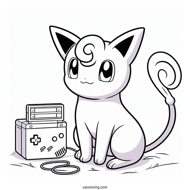 Mew Coloring Page Standing In Front Of Game Boy Console
