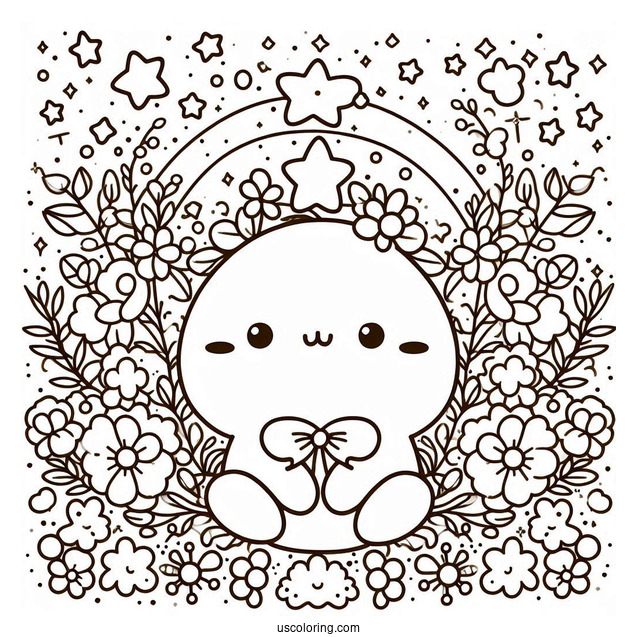 Cute Coloring Page Of Pompompurin Surrounded By Flowers And Stars