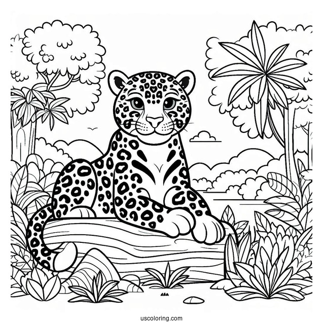 Jaguar Sitting In The Jungle Coloring Page
