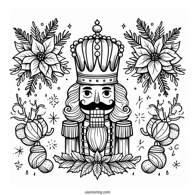 Nutcracker Coloring Page King With Mistletoes And Poinsettia