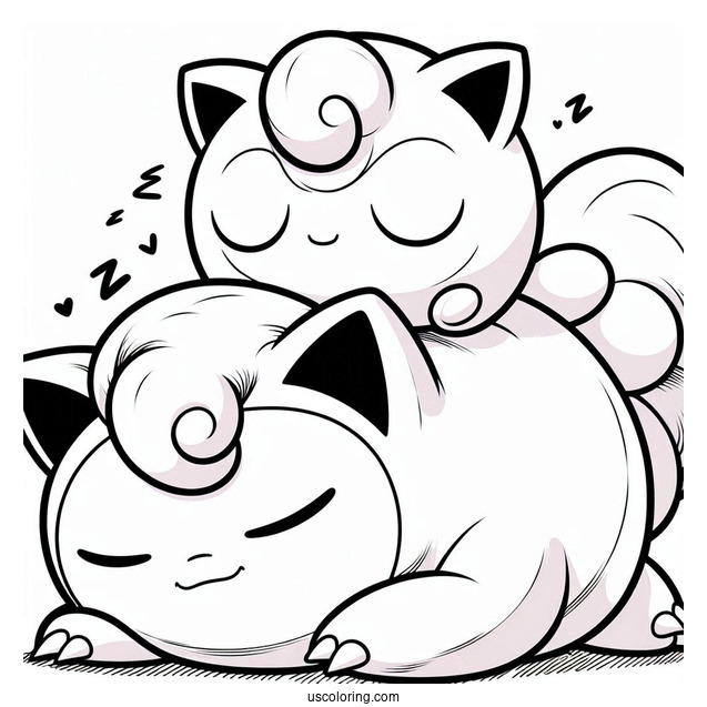 Jigglypuff Sleeping On Top Of Snorlax Coloring Page