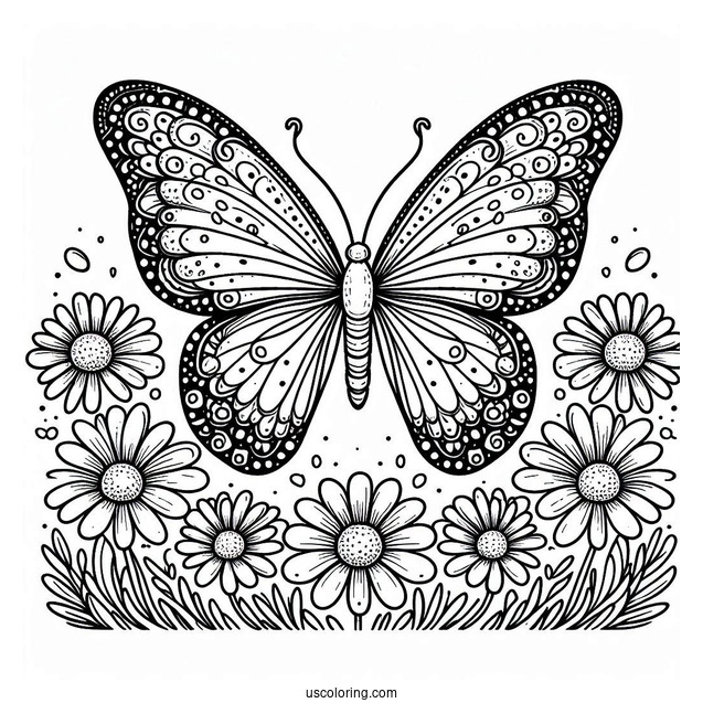 Butterfly Coloring Page Surrounding A Bunch Of Daisies