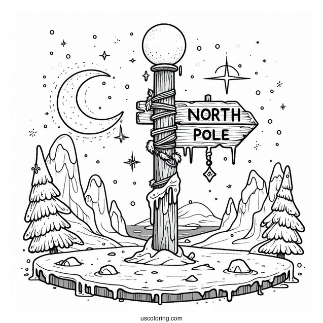 Simple North Pole Coloring Page Sign Post Covered In Ice