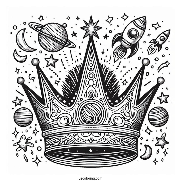 Galactic Crown Coloring Page with Planets, Stars, and Rocket Launch