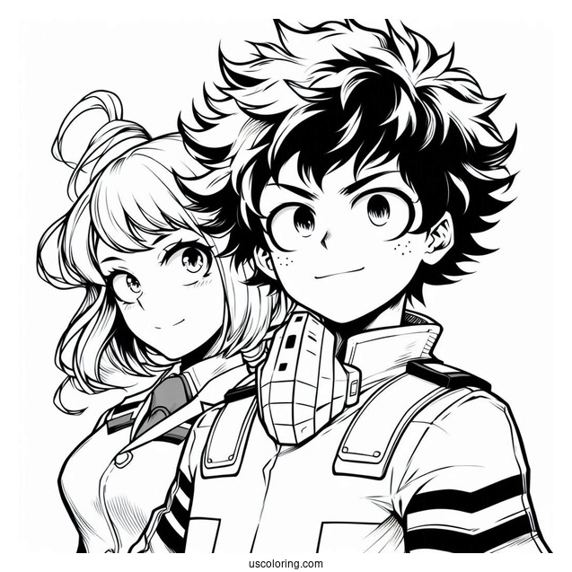 My Hero Academia Ochaco Uraraka With Deku Coloring Page