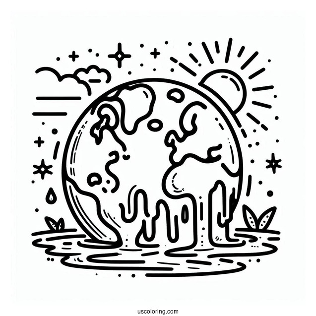 Earth Melting From Rising Temperature Coloring Page For Kids