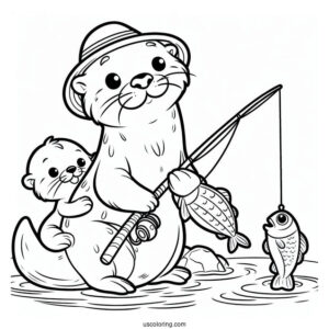 Daddy Otter Coloring Page With Fishing Rod And Baby Otter Carrying Fish