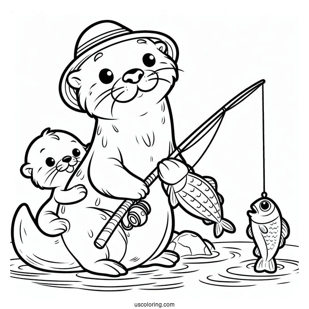 Daddy Otter Coloring Page With Fishing Rod And Baby Otter Carrying Fish