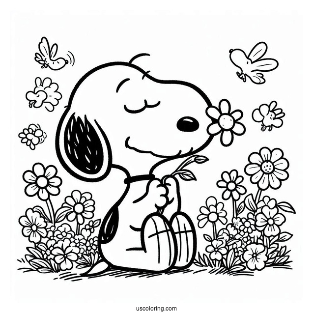 Snoopy Smelling Flowers To Color