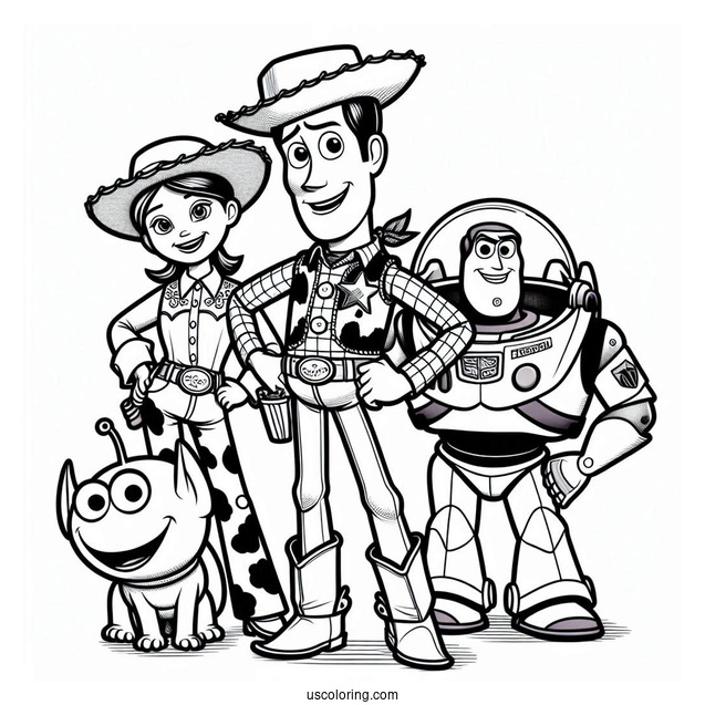Pixar Coloring Page of Toy Story Woody, Buzz, And Jessie With Friends