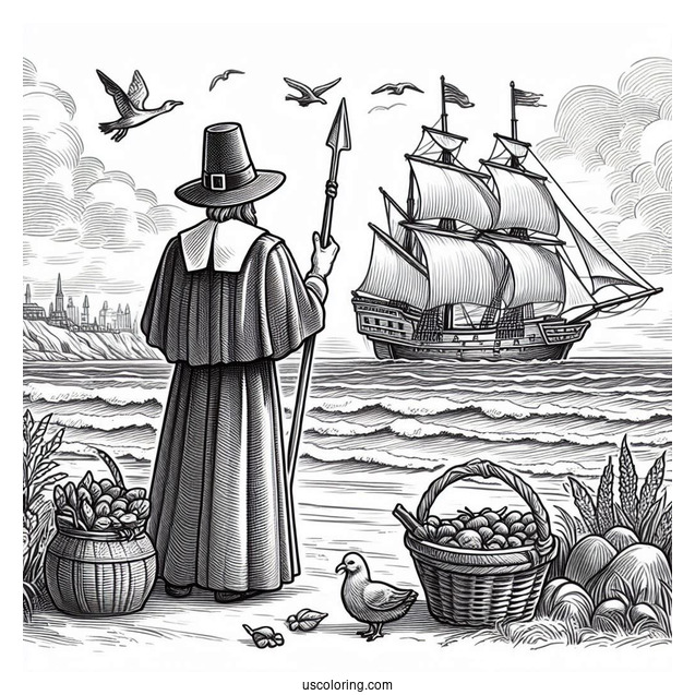Realistic Pilgrim Coloring Page On The Shore With Ship In The Background