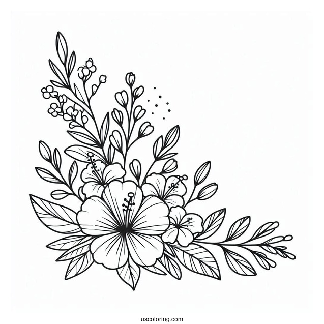 Flower Coloring Pages Of Small Bouquet Of Hibiscus, Lilies, And Wildflowers