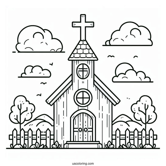 Easy Church Coloring Page Outline With A Cross For Preschoolers
