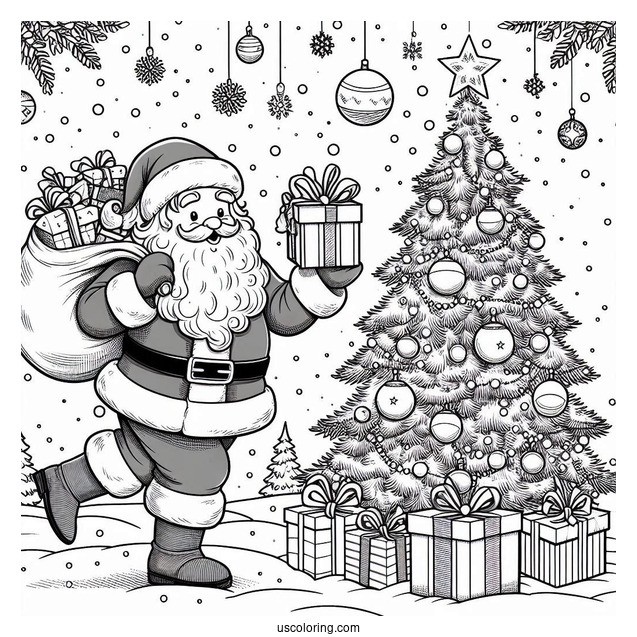 Santa Putting Gifts Under The Tree While Snowing