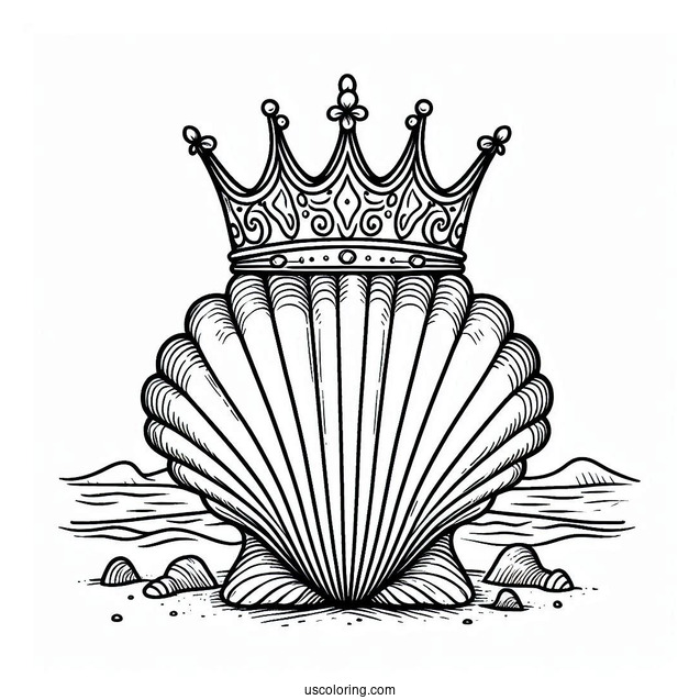 Seashell Crown Coloring Page on a Tropical Beach