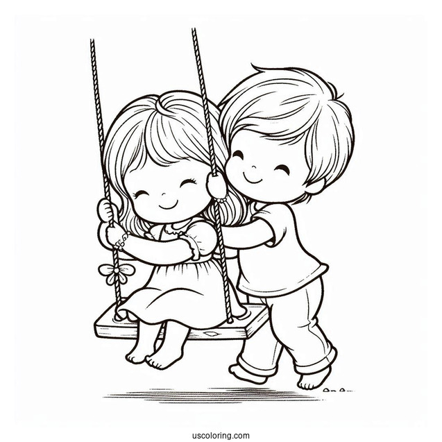 Simple Precious Moments Coloring Page Of Boy Pushing Girl On A Swing