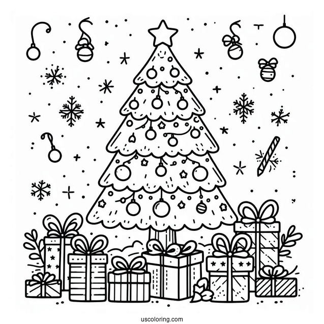 Simple Christmas Tree With Presents Coloring Sheet