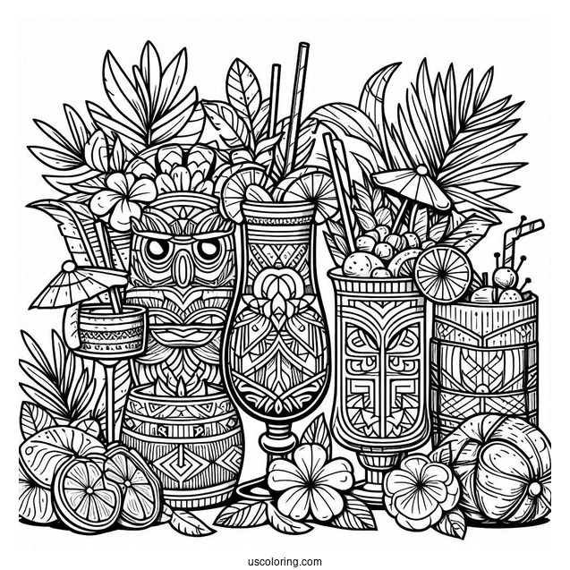 Hawaiian Tiki And Cocktails Pattern Coloring Page