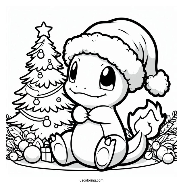 Pokemon Christmas Coloring Page Cute Charmander In Santa Hat For Preschoolers